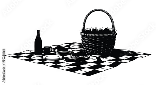 Black and white vector illustration depicts a classic checkered picnic blanket spread with food items