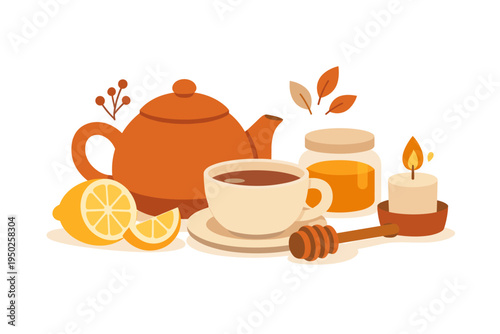 Cozy autumn tea scene with teapot, honey, lemon, and candle