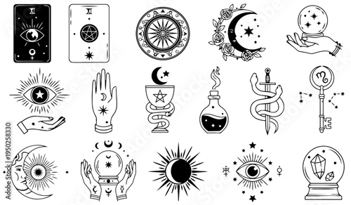 神秘的なタロットとオカルトのシンボルイラストスピリチュアル素材セット（魔法・占いのラインアート）