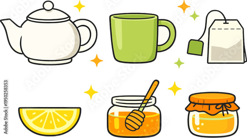 Colorful tea set with teapot, cup, tea bag, lemon, honey jar and sparkles