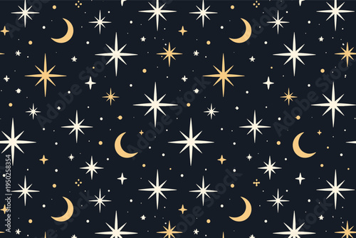Seamless celestial pattern with stars and moons on dark background