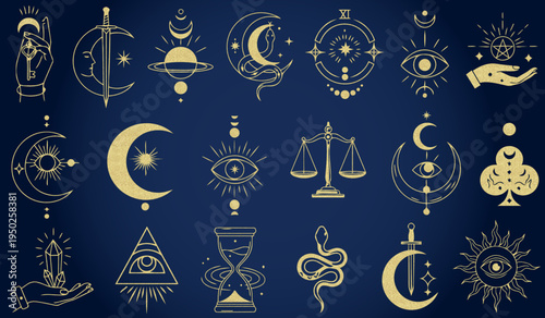 神秘的な月・目・蛇・剣・天秤のゴールド線画アイコンセット｜占星術・魔術・タロット風のスピリチュアルデザイン素材