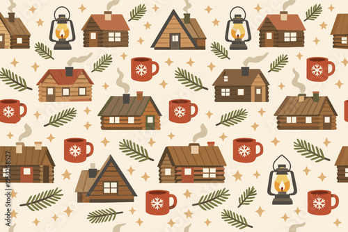Cozy winter cabin pattern with lanterns, mugs, and pine branches