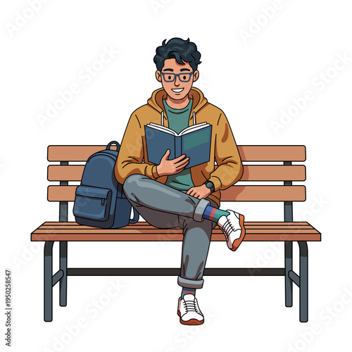 Smiling boy with glasses wearing mustard yellow hoodie sitting on wooden park bench reading book with backpack