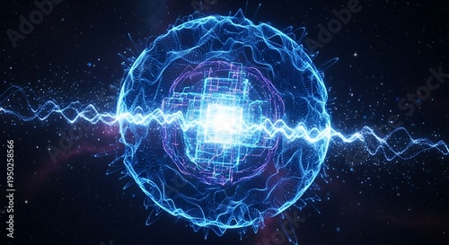 Abstract glowing energy sphere with electric wave, futuristic technology concept