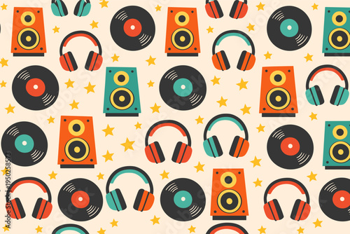 Vintage music pattern with vinyl records, speakers, and headphones