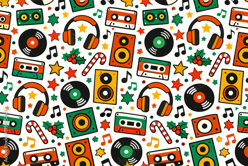 Colorful music pattern with headphones records cassette tapes speakers