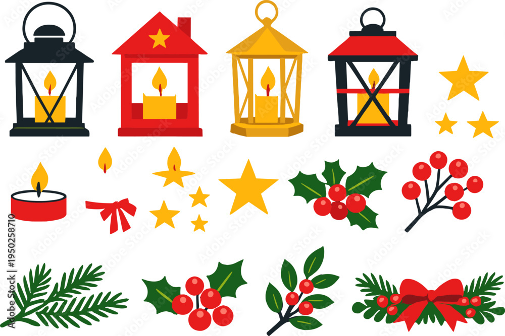 Obraz premium Festive lanterns and holiday decorations: stars, berries, and evergreen branches