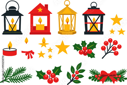 Festive lanterns and holiday decorations: stars, berries, and evergreen branches