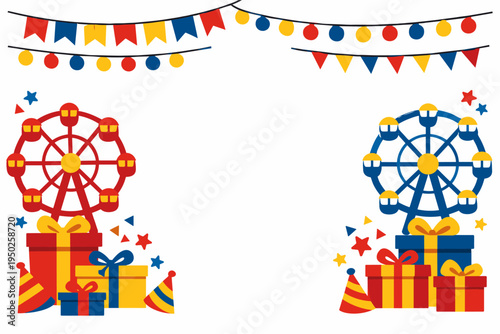 Colorful carnival frame with ferris wheels and gift boxes