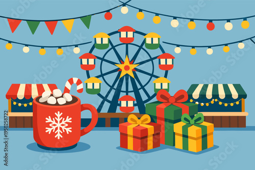 Festive holiday market with ferris wheel and festive decorations
