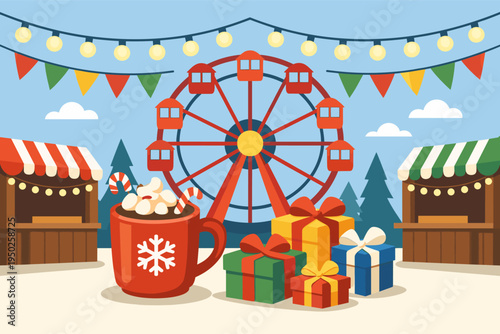 Festive winter market with ferris wheel and holiday decorations