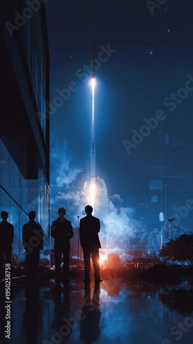 Space exploration commercial ventures. Space innovation. Orbital infrastructure. Aerospace economy. Silhouetted people watching a rocket launch against a night sky