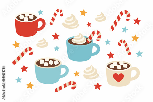Festive hot chocolate mugs with marshmallows, candy canes, and stars