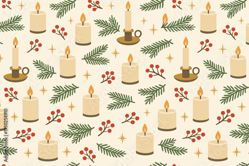 Seamless holiday pattern with candles, pine branches, and berries