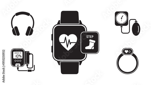 Smartwatch Health Monitoring Devices Line Art Vector Illustration for Wearable Technology Fitness Tracking and Digital Healthcare