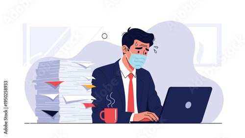 Stressed businessman wearing a face mask working late with a laptop and a huge stack of paperwork on his desk.