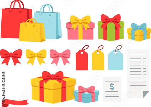 Colorful gift boxes and shopping bags with bows and tags on white background