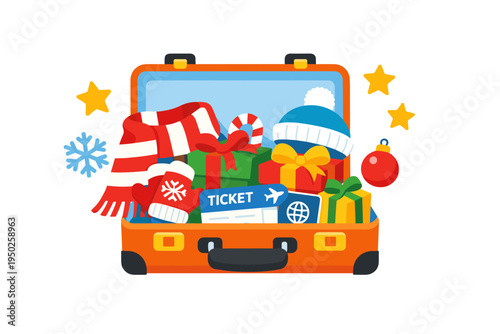Festive suitcase filled with holiday gifts and travel essentials