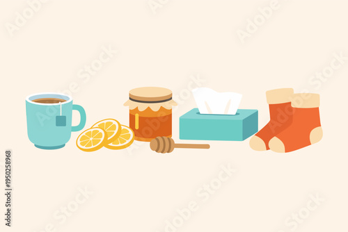 Cozy winter essentials: tea, honey, lemon, tissues, and warm socks