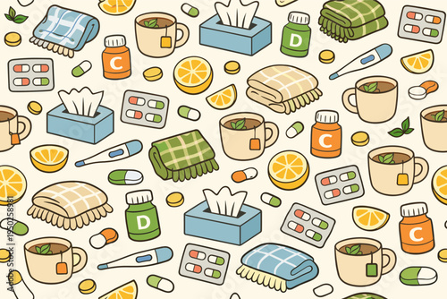 Seamless flu season pattern with vitamin c, tissues, thermometers, and tea with honey
