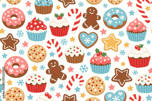 Colorful assorted christmas sweets with gingerbread and cupcakes