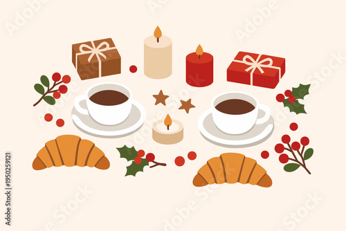 Festive coffee setup with candles, gifts, croissants, and holly berries