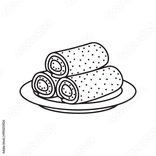 Stack of rolled pancakes crepes on a plate black and white outline vector illustration coloring page
