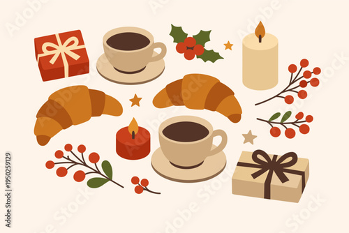Cozy holiday scene with coffee, croissants, gifts, and candles