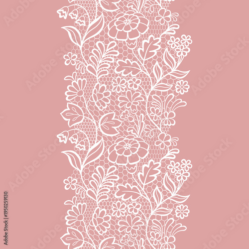 White vintage trim on pink background. Wedding white lace border. Seamless Trim Design