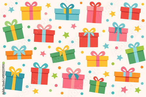 Colorful gift boxes pattern with stars and dots on light background