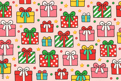Festive gift pattern with colorful wrapped presents and bows