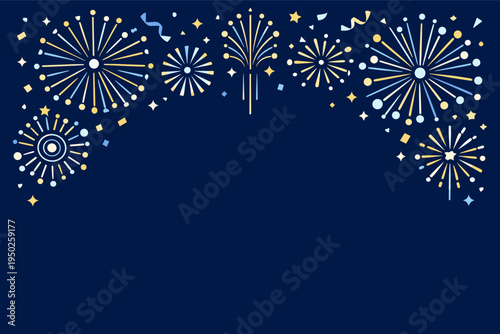 Colorful fireworks display on midnight blue sky with festive patterns