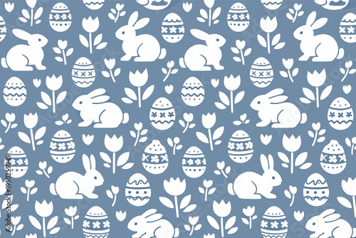 Seamless easter pattern with bunnies, eggs, and flowers