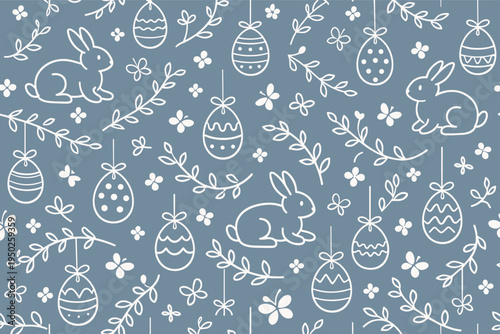Seamless easter pattern with bunnies, floral elements, and eggs on blue background