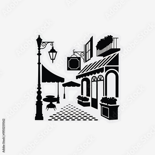 Stylized black and white illustration of a charming european street scene