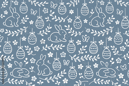 Seamless easter pattern with bunnies, eggs, and floral elements