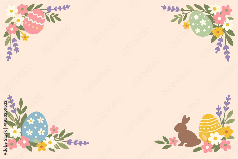 Fototapeta premium Easter-themed floral border with eggs and bunny on pastel background