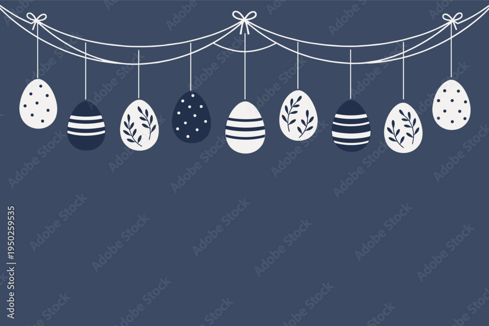 Naklejka premium Hanging decorated easter eggs on dark blue background