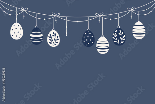 Minimalist easter egg garland with decorative patterns on navy background