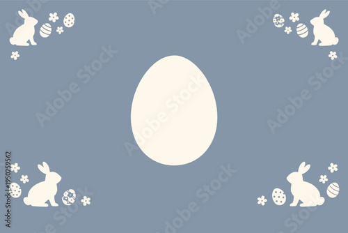 Easter card design with white egg and bunnies on blue background