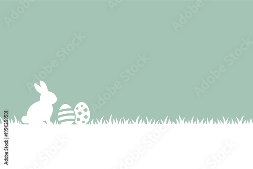Minimalist easter bunny with decorated eggs on green background