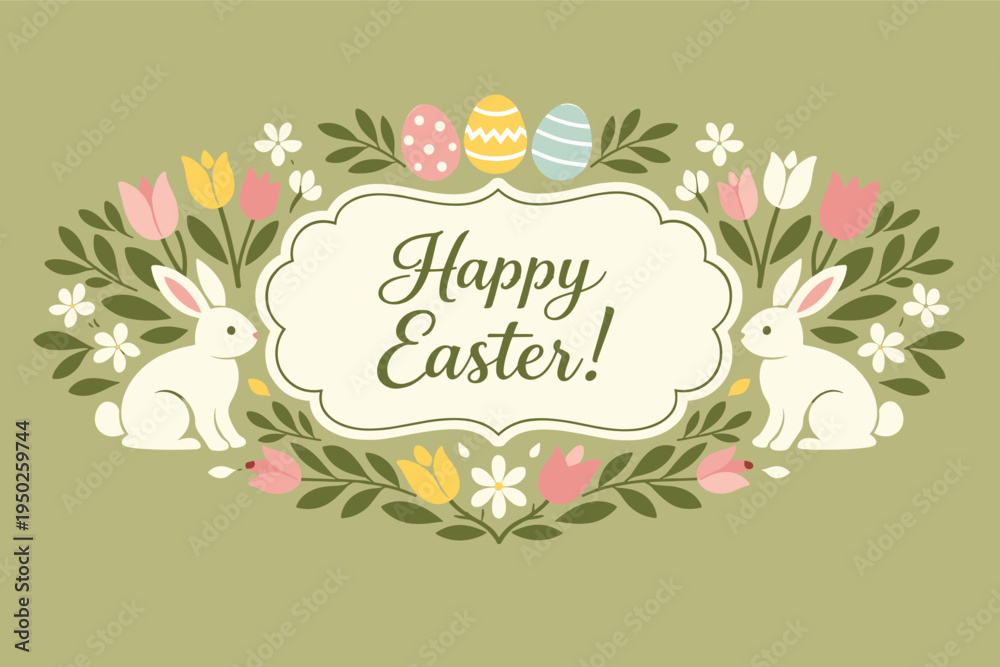 Fototapeta premium Happy easter greeting with bunnies, eggs, and flowers