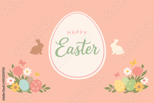 Easter celebration with bunnies, flowers, and colorful eggs