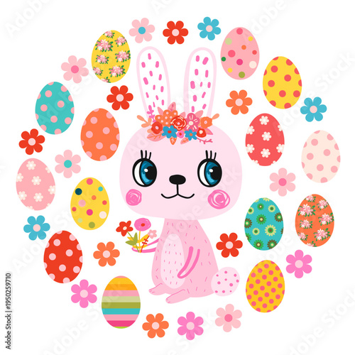 Cute vector Easter bunny design with eggs and flowers, Kawaii spring rabbit illustration for kids and baby packaging