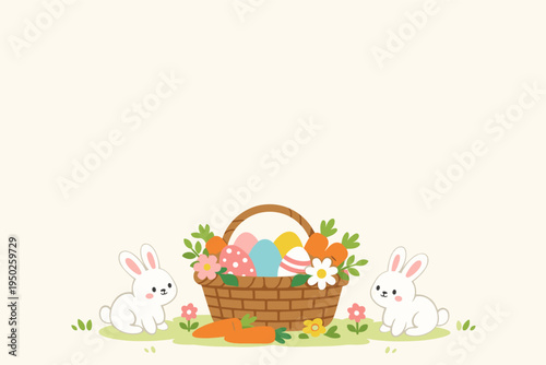 Cute easter basket with eggs and bunnies in a spring setting