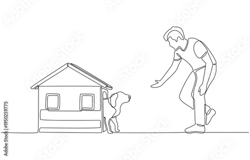 Continuous one line of young man guiding dog out of doghouse, pet care and training concept, single line art
