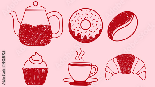 Food Doodle Line Art Set Coffee Cup Teapot Donut Cupcake Croissant Bakery Vector Illustration
