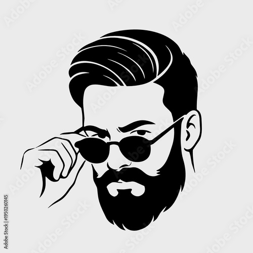 Confident bearded man lowering sunglasses with one hand in a dramatic black silhouette. Trendy fashion avatar for barber logos, stickers, mens style and attitude themes.