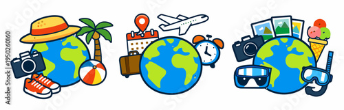 Travel set of small globe icons with airplane, camera, beach ball, shopping bags and sightseeing elements. Modern tourism, vacation lifestyle and journey planning concept collection.